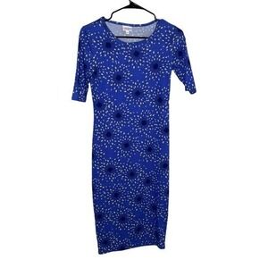 LuLaRoe Julia Knit Dress Royal Blue Yellow Dandelion‎ Print 3/4 Sleeve XXS